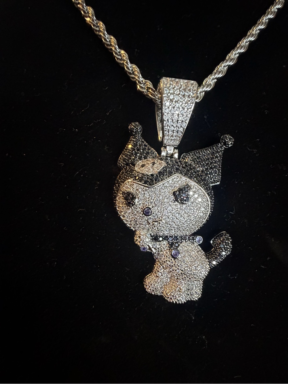 Kuromi Hello Kitty Pendant – 14K White Gold Plated + 24” Rope Chain